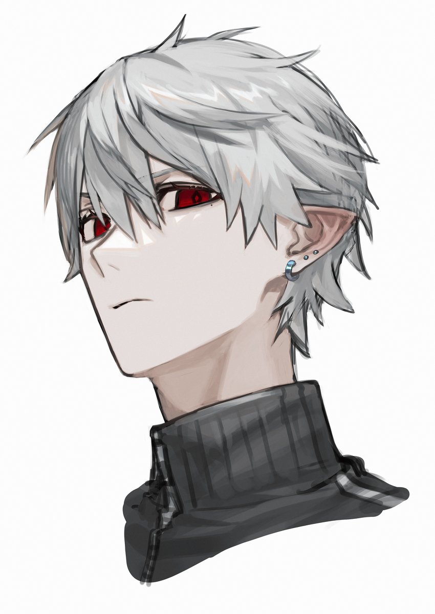 kuzuha (nijisanji) 1boy male focus solo pointy ears red eyes earrings jewelry  illustration images