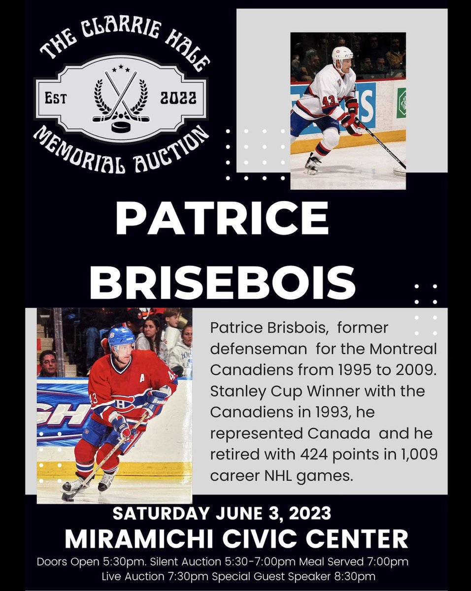 PQMiramichi's tweet photo. The Clarrie Hale Memorial Auction is June 3rd with guest speaker Patrice Brisebois. #Miramichi https://t.co/3U9eaCws8H