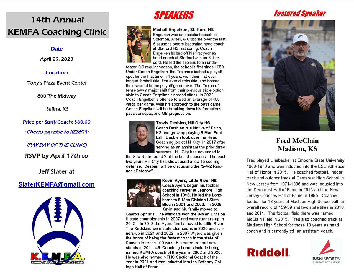 Coach_Slater42's tweet photo. KEMFA Coaches Clinic!  Please Share, we have a great lineup this spring!  @kpreps @sportsinkansas @KansasPregame @dusty40 @SEK_Sports @madisonbulldogs @tdesbien31 @CoachEngelken @LittleRiver_FB @coachsteinbrock @travcallaway88 @nesscityFB https://t.co/QFbW8H8Ahe