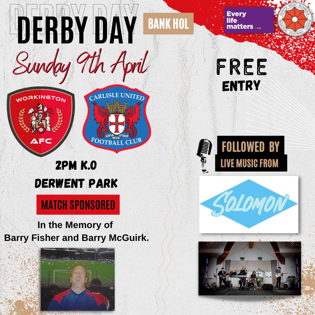 TownWomenFC's tweet photo. 𝗧𝗵𝗶𝘀 𝗦𝗨𝗡𝗗𝗔𝗬, 𝗻𝗼𝘁 𝘁𝗼 𝗯𝗲 𝗺𝗶𝘀𝘀𝗲𝗱 ⬇️

🆚 @CUFCLadies 🔵

🤍 Match Sponsor - In Memory of Barry Fisher &amp; Barry McGuirk 

🏟️ Derwent Park

🎟️ FREE ENTRY 

🍻 Refreshments available from 1PM

🎙️The talented local Solomon providing after match entertainment 

🔴🔴 https://t.co/z7QN9hP7hs