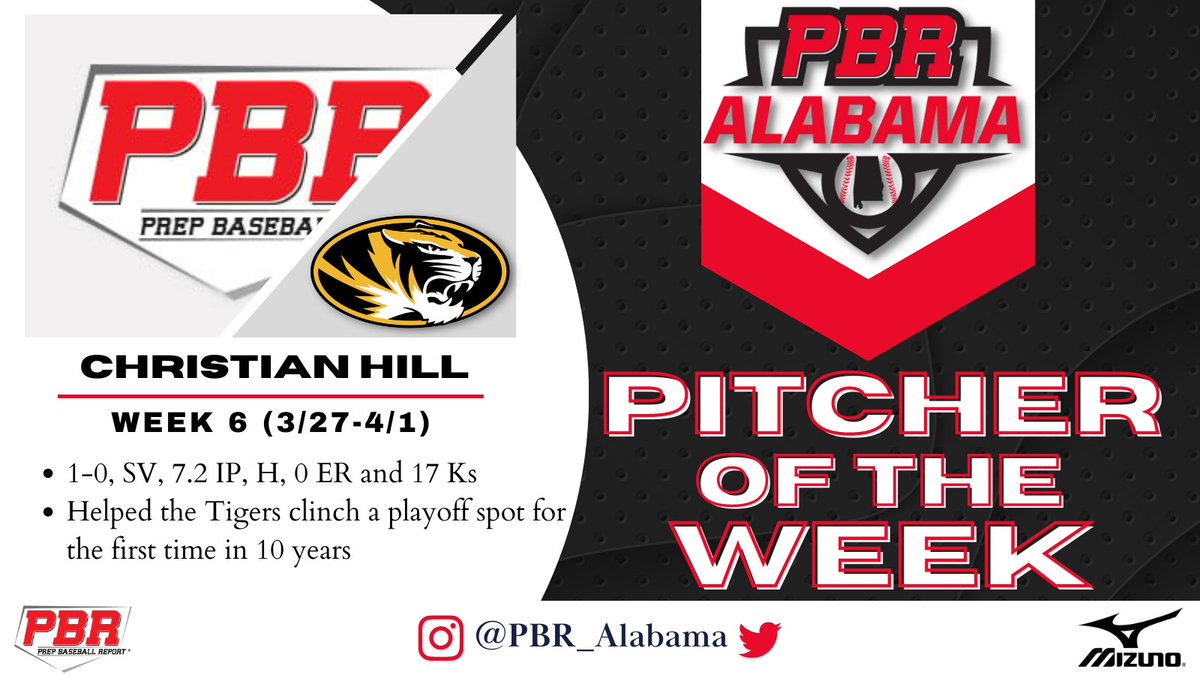 Prep Baseball Alabama (@prepbaseballal) on Twitter photo ๐๐ ๐๐๐๐ค ๐ ๐๐ข๐ญ๐๐ก๐๐ซ ๐จ๐ ๐ญ๐ก๐ ๐๐๐๐ค
๐๐ณ๐ฆ๐ด๐ฆ๐ฏ๐ต๐ฆ๐ฅ ๐ฃ๐บ: @MizunoBsballNA
LHP/OF Christian Hill (<a href="/Tige2Baseball/">Greenville Tiger Baseball</a>, 2023), a @PBR_Uncommitted senior, went 1-0 w/ a SV going 7.2 IP, H, 0 ER, and 17 Ks in Week 6๏ธโฃ.
๐: loom.ly/MlM7628 || @Christian_Hill1 ๐๐ ๐๐๐๐ค ๐ ๐๐ข๐ญ๐๐ก๐๐ซ ๐จ๐ ๐ญ๐ก๐ ๐๐๐๐ค
๐๐ณ๐ฆ๐ด๐ฆ๐ฏ๐ต๐ฆ๐ฅ ๐ฃ๐บ: @MizunoBsballNA
LHP/OF Christian Hill (<a href="/Tige2Baseball/">Greenville Tiger Baseball</a>, 2023), a @PBR_Uncommitted senior, went 1-0 w/ a SV going 7.2 IP, H, 0 ER, and 17 Ks in Week 6๏ธโฃ.
๐: loom.ly/MlM7628 || @Christian_Hill1