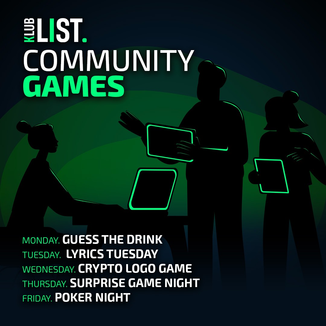 KlubListNFT's tweet photo. Klubbers!

The new schedule for the weekly community activities is here, mark your calendars, we are going to have an exciting weekend ahead of us! 📅

Prizes are amazing as always, join us every day at 5 pm utc in The Klub Discord 🕺 https://t.co/U1oCf85Hqh