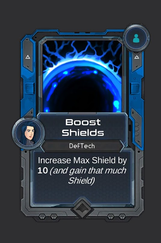 EnigmaDragonsGS's tweet photo. #CardOfTheDay 

🔵Boost Shields 🔵

Cost: 0
Target: Self
Rarity: Common
Archetype: DefTech

Victoria likes big shields, she cannot lie! None can deny! 

#indiegame #cardbattler #turnbased #roguelike #deckbuilder #cyberpunk https://t.co/toNxfBba17