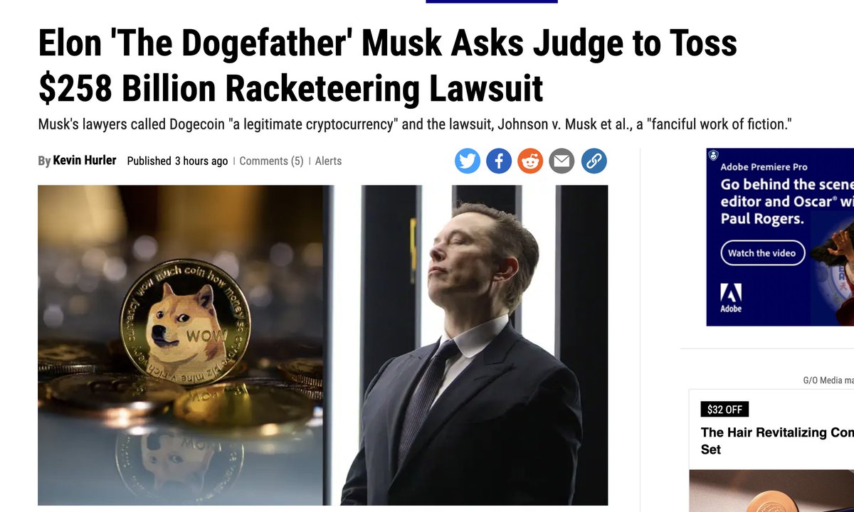 Why do I get the feeling the Doge icon was added so when you search 'Elon' and 'Doge' the story of his racketeering lawsuit will be buried?