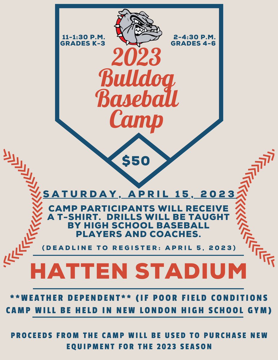 NLBaseballWI's tweet image. 2023 Bulldog Baseball Camp is coming up!!!!

Get those little Bulldog's signed up soon ;)