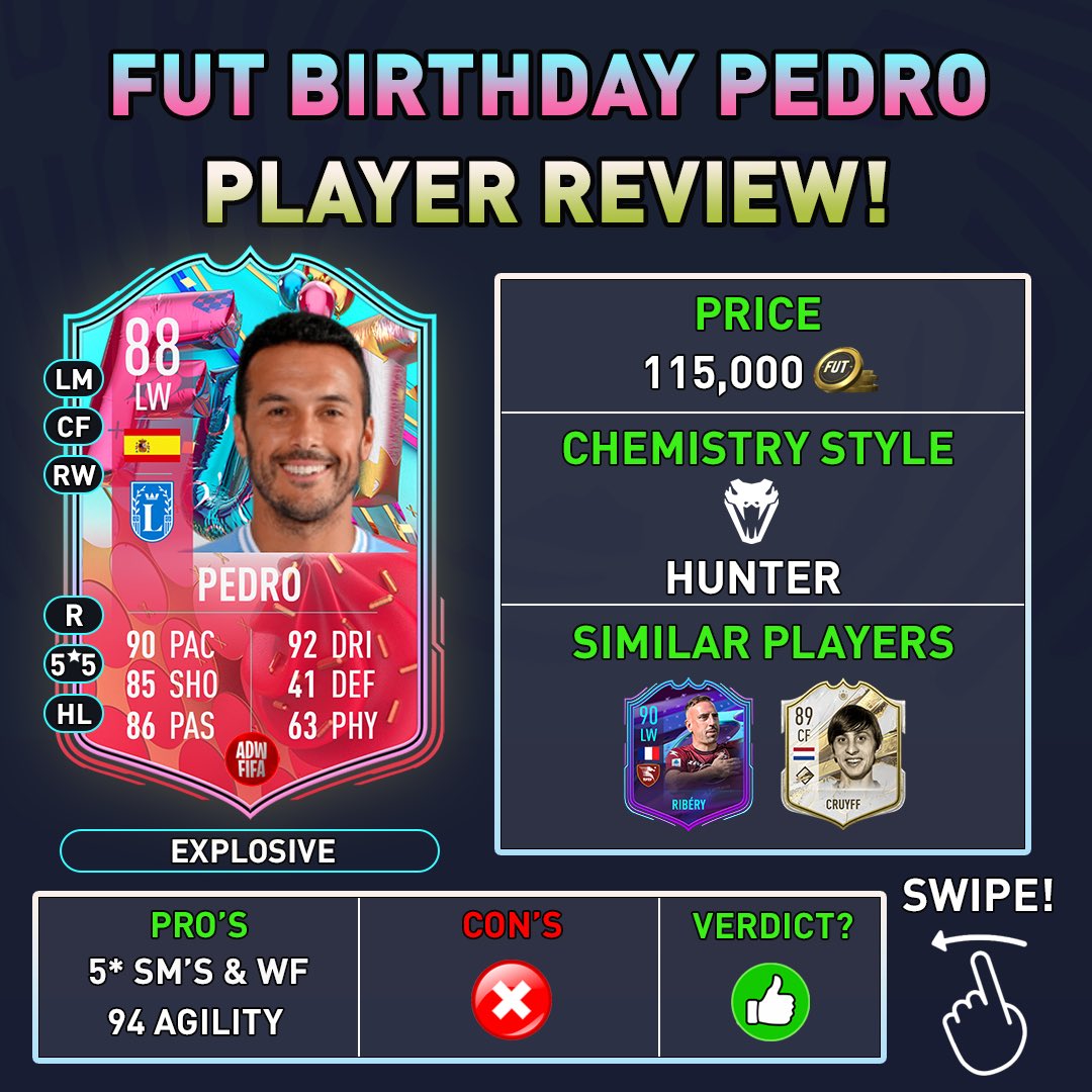 ADW_FC's tweet photo. 🚨 SBC REVIEW 🚨

The 2nd and final SBC Review of the evening is here in the form of the following FUT Birthday player item:

- Pedro 🇪🇸

This is another fantastic SBC! 👏

Will you be completing him? 🤔

#FIFA23 #FUT23 https://t.co/5Mmw4uahhZ