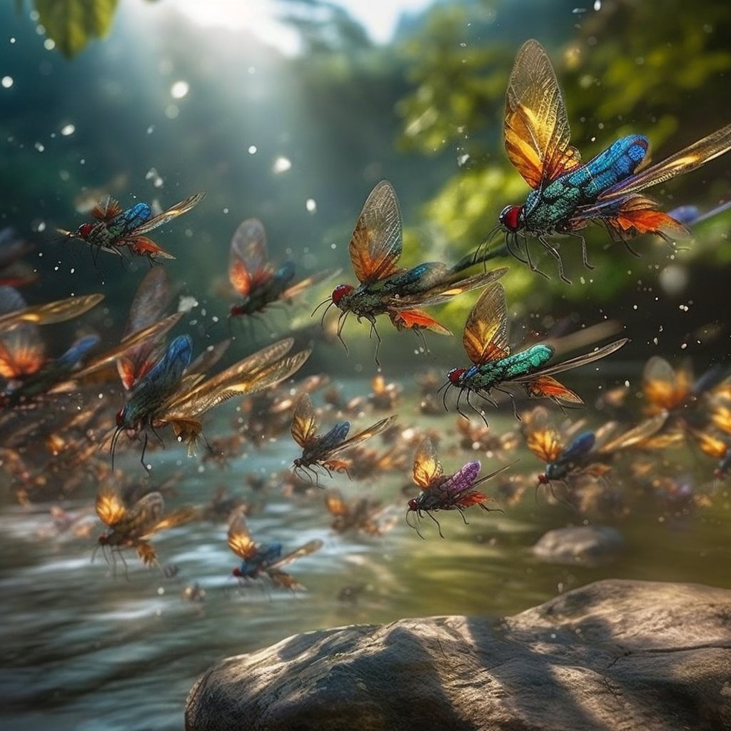 NimbusTerra's tweet photo. The Verdant Valley riverside is home to a range of reptilians, amphibious creatures, insects and prehistoric looking alien wildlife. 

We captured this dazzling display of bugs darting and dancing near the river bank reflecting the sunlight of their wings. https://t.co/j1EltzkU3P