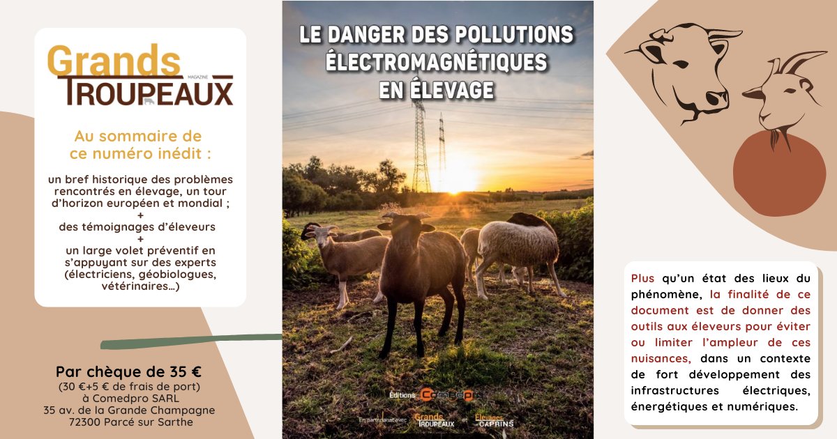 GrandsMag's tweet photo. COMEDPRO vient se sortir sa dernière publication, qui est en vente sur son site internet.  Depuis les 1980, en France, en Belgique mais aussi aux États-Unis, des éleveurs dénoncent les effets délétères des ouvrages électriques sur la santé animale. 
#Sante #éolienne #pollution https://t.co/e31Gr4Ec48