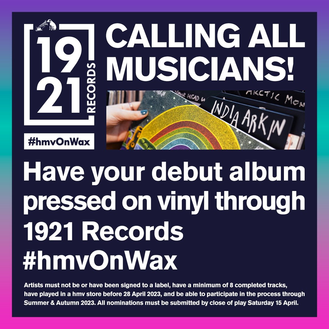 Following on from last year’s launch  of 1921 Records & India Arkin / Home Truths, the search begins for our next artist! 🎵

Artists must have eight recorded songs to a professional standard and not already be signed to a label!

#hmvOnWax #hmvLiveAndLocal #hmv1921records