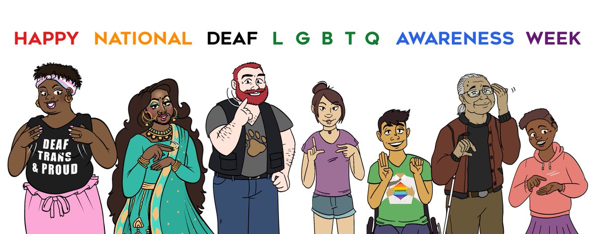 Introducing our logo for this year's National Deaf LGBTQ Awareness Week!

Logo was originally created in 2018. Each year, one of the characters is replaced with a new one. This year's new character is the 2nd on left, a Deaf drag queen!

Artist: <a href="/carodoodles/">carlisle 🧏🏻🏳️‍🌈🎨</a> 

#DeafLGBTQWeek