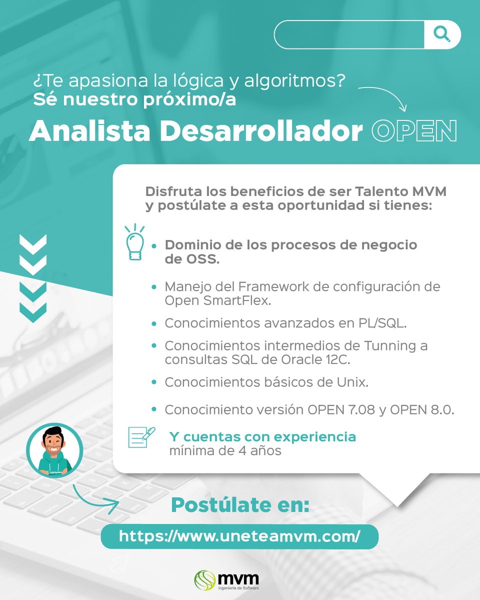 ¿Quieres trabajar desde cualquier lugar del mundo, contar con un horario flexible, beneficios extra legales y un equipo que te ayudará siempre a crecer? 

Únete a nosotros como Desarrollador OPEN y vive la experiencia de ser Talento MVM.

Postúlate aquí: uneteamvm.com/open/
