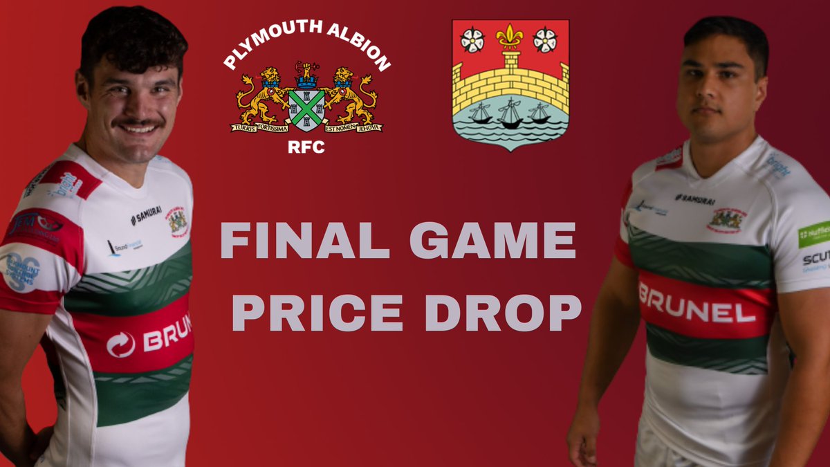 🚨 IT'S PRICE DROP TIMEEEEE!!! 🚨

To end the season with a bang, we're dropping ticket prices for the final game against <a href="/camrufc/">Cambridge Rugby 🏉</a>!

🎟️ Ground ticket: £10
🎟️ Brunel Stand: £12
🎟️ Eric St John Stand: £14

Go get 'em! 👉 plymouthalbion.com/tc-events/albi…

#AlbionAsOne