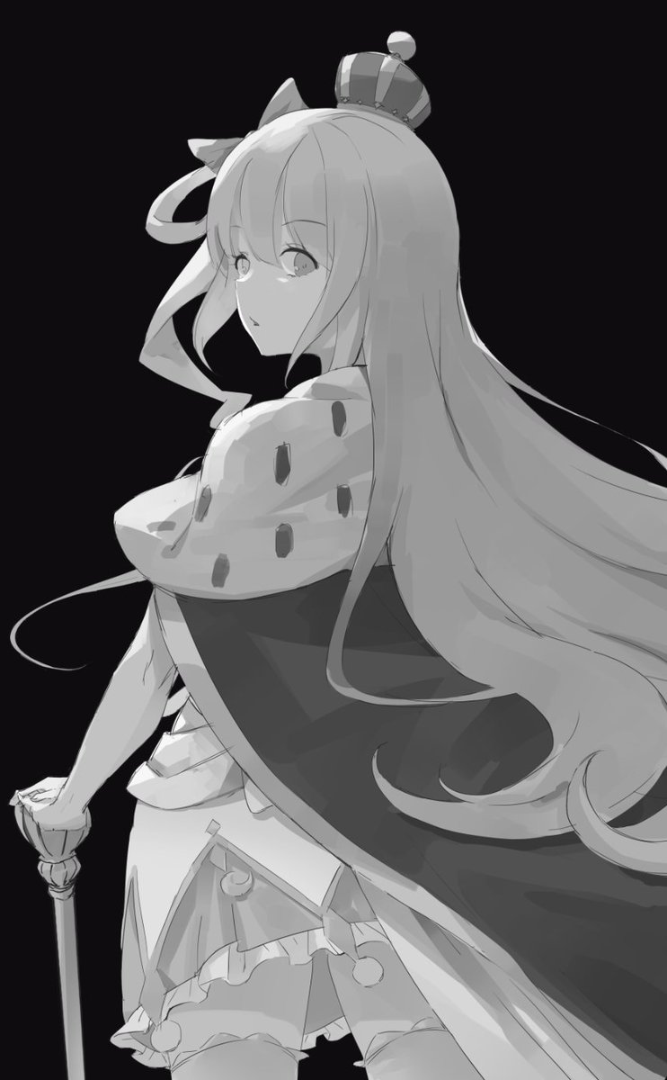 himemori luna 1girl monochrome greyscale long hair solo crown looking back  illustration images