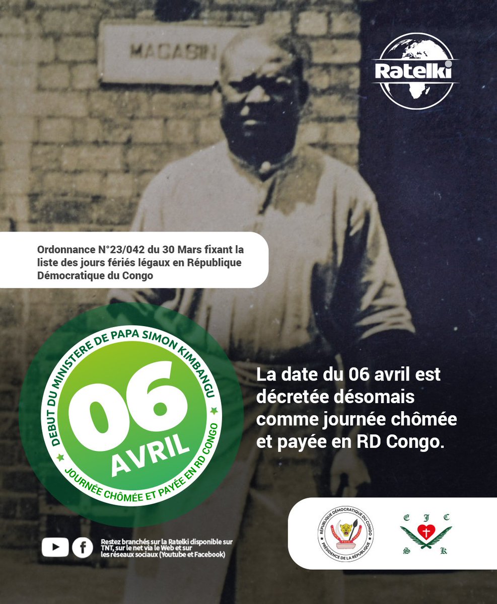 FKizeka's tweet photo. La date du 06 avril est décrétée désormais comme journée chômée et payée en RD Congo.

Kimbanguiste est fier
 MERCI FATSHI BÉTON @fatshi13

@TinaSalama2  @TopCongo @Presidence_RDC @DeniseNyakeru @7sur7_cd @actualitecd @politicocd @PatrickMuyaya @LukondeSama https://t.co/eU8UKdsm0g