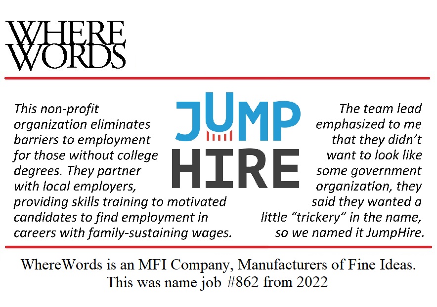 #yeswenamedit JumpHire <a href="/jumphirechicago/">JumpHire</a> <a href="/GlenTullman/">Glen Tullman</a> #philanthropy #nonprofit #naming #branding #trademarks #corporateidentities #productnames #brandnames #brandextensions #verbalbranding #stevethenamer #NAMEMAN #wherewords #cleantech #edtech #fintech #medtech #biotech #startups