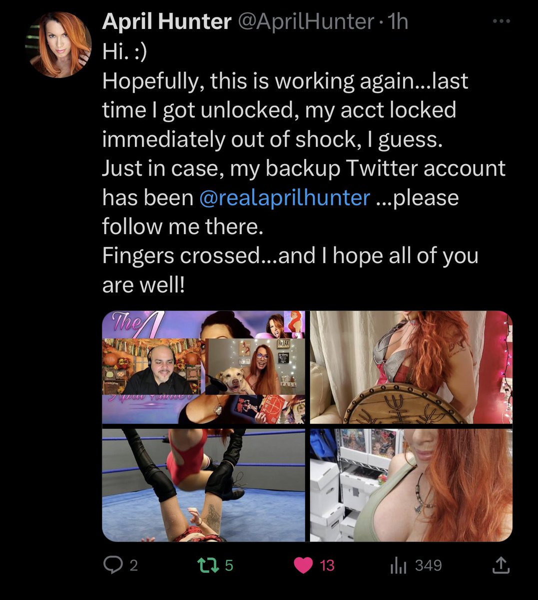 BigRayHernandez's tweet image. MAN!!! After a loooong fight #AprilHunter has FINALLY got her original Twitter page back BABY!!! Give her a follow @AprilHunter 🙏🏼❤️ #TheAShow 

Subscribe on Patreon - Patreon.com/AprilHunter 

#Author #Cosplayer #ProWrestler #Model #Homesteader #WWE #theashow #aprilhunter…