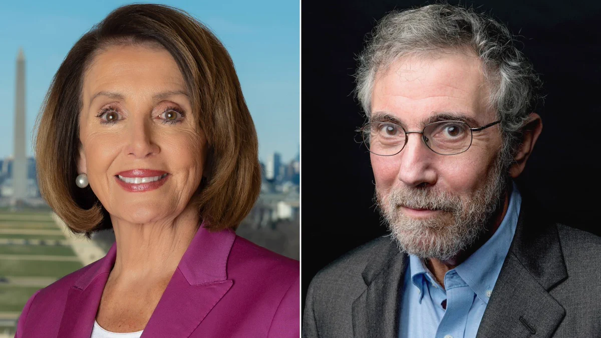 Headshots of Nancy Pelosi and Paul Krugman