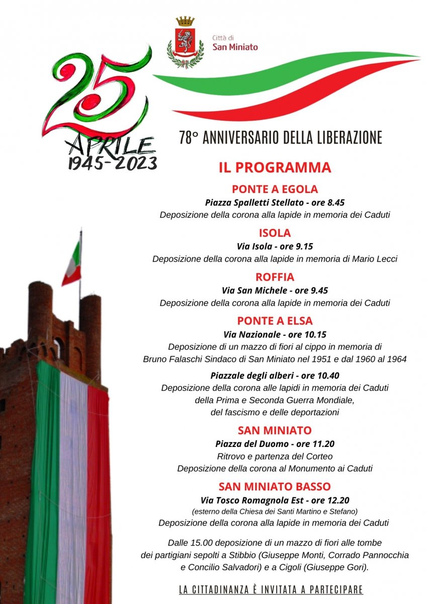 ComuneSMiniato's tweet photo. 🇮🇹 78° 𝑨𝒏𝒏𝒊𝒗𝒆𝒓𝒔𝒂𝒓𝒊𝒐 𝒅𝒆𝒍𝒍𝒂 𝑭𝒆𝒔𝒕𝒂 𝒅𝒊 𝑳𝒊𝒃𝒆𝒓𝒂𝒛𝒊𝒐𝒏𝒆 
Il programma delle celebrazioni nel Comune di San Miniato. 
Il Sindaco invita i cittadini e le cittadine ad esporre il tricolore dalle finestre 🇮🇹

#sanminiato #25aprile #liberazione https://t.co/XCjJM89eTa