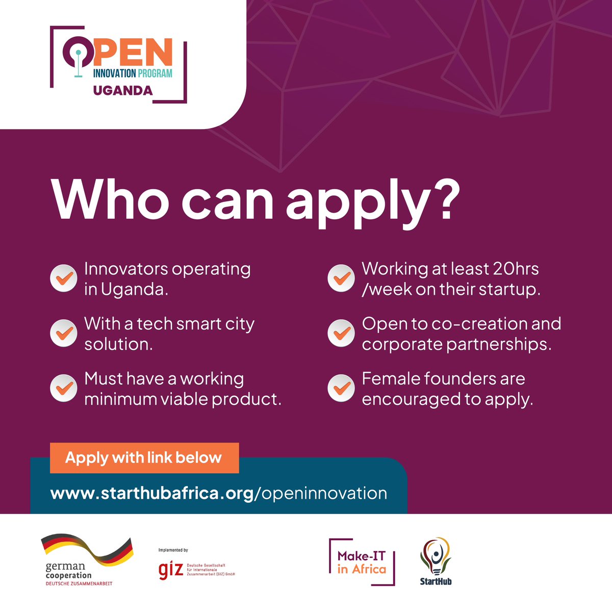 StartHubAfrica's tweet photo. Who can apply to the Open Innovation Program?
Eligibility criteria (Image) 👇🏾
Visit https://t.co/2HVavSmmEL to apply.
Applications close on 4th May 2023.
The Open Innovation Program is implemented in partnership with @Make_IT_Africa
#openinnovationprogram https://t.co/xUiAj6xCvV