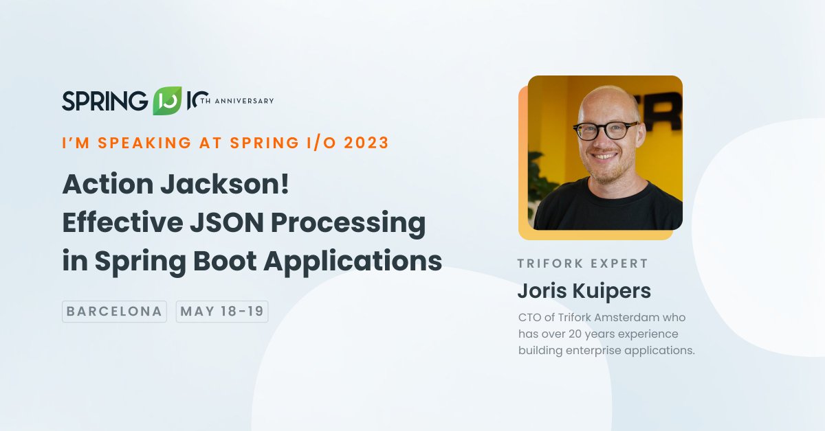 Trifork Amsterdam (@triforkams) on Twitter photo If you’re in Barcelona May 18th & 19th make sure to visit <a href="/spring_io/">Spring I/O</a> for <a href="/jkuipers/">Joris Kuipers</a> talk “Action Jackson! Effective JSON Processing in Spring Boot Applications.” We’re sure you won’t be disappointed.
Learn more 👉2023.springio.net/sessions/actio… If you’re in Barcelona May 18th & 19th make sure to visit <a href="/spring_io/">Spring I/O</a> for <a href="/jkuipers/">Joris Kuipers</a> talk “Action Jackson! Effective JSON Processing in Spring Boot Applications.” We’re sure you won’t be disappointed.
Learn more 👉2023.springio.net/sessions/actio…