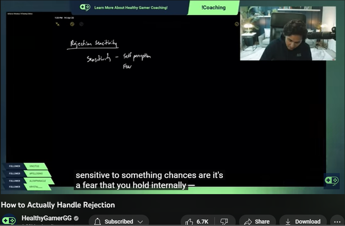 167,933 views  5 May 2022
Sometimes it can feel like work has taken over your life and there’s no time for anything else BUT work. This isn’t how it has to be. Healthy Gamer Career Coaches can help you set up better work-life balance so you can get back to enjoying life and not be a machine. Find out more here: https://bit.ly/3kFPhdP

Find us on Instagram, Twitter, TikTok, and more here: https://wlo.link/@healthygamer

▼ Timestamps ▼
────────────

0:00 - Preview
0:49 - Reddit Post "I have a hard time dealing with rejection"
4:24 - Rejection Sensitivity
22:22 - Questions

────────────
Today Dr. K talks about rejection, how to actually deal with rejection, why you struggle with rejection, and more! Healthy Gamer also talks about being sensitive to rejection, avoiding rejection, and more!

────────────

DISCLAIMER
Healthy Gamer is an online community and resource platform for gamers and their families. It does not provided medical services or professional counseling, and it is not a subst