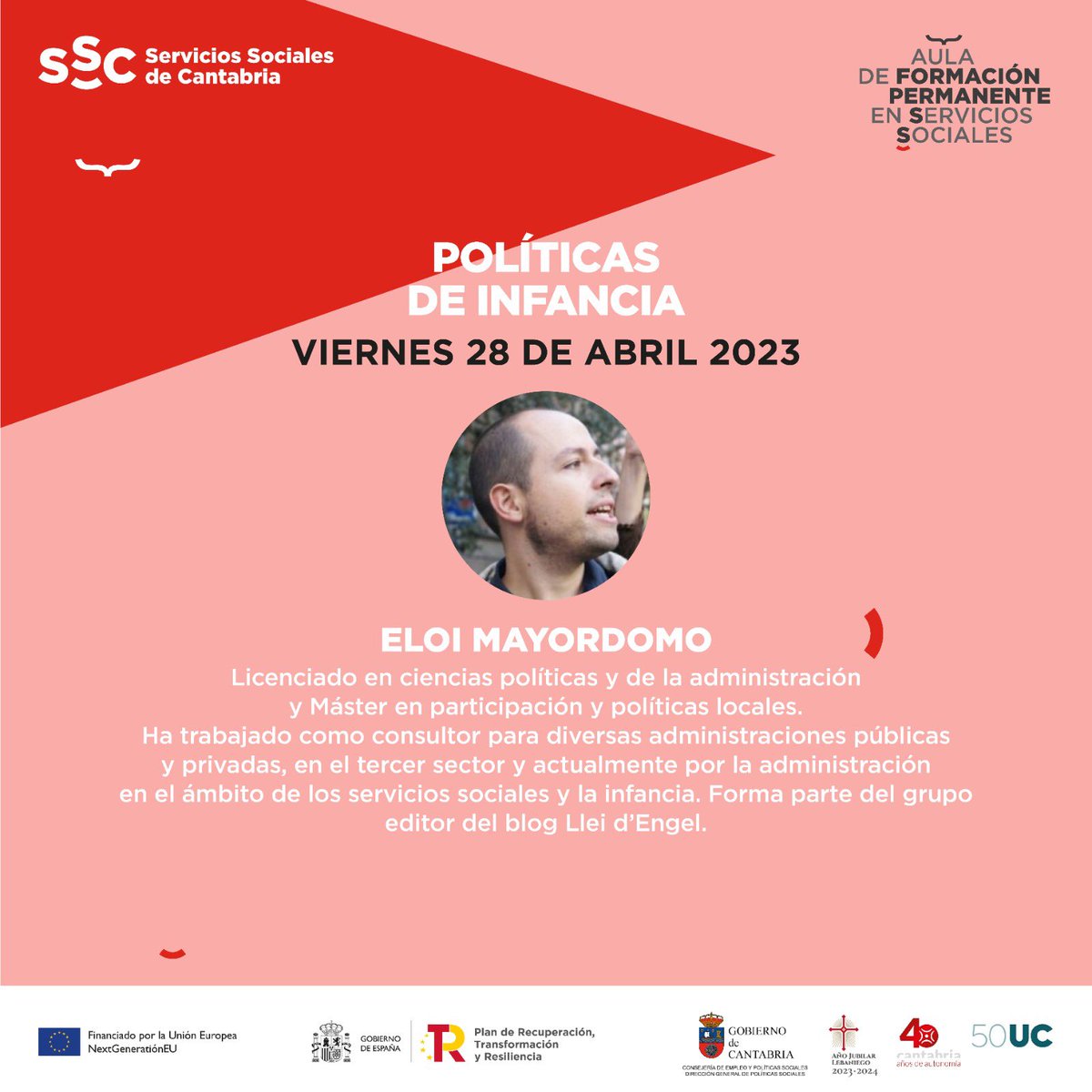 AulaServicios's tweet photo. Séptima sesión del Aula de Formación Permanente @AulaServicios el próximo 28 de abril junto a Eloi Mayordomo. ‘Políticas de infancia’
#ServiciosSociales #ASSC2223 https://t.co/Ssnee5h20Q