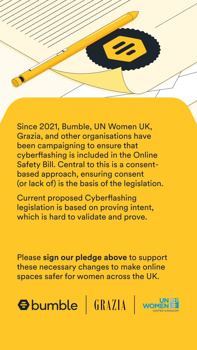 UNWomenUK's tweet image. Harmful intent is an inadequate basis for #cyberflashing legislation. Instead, it should be based on consent. 

Sign our pledge in partnership with @bumble &amp;amp; @GraziaUK to help make online spaces safer for women:

form.typeform.com/to/kCHE3zMw