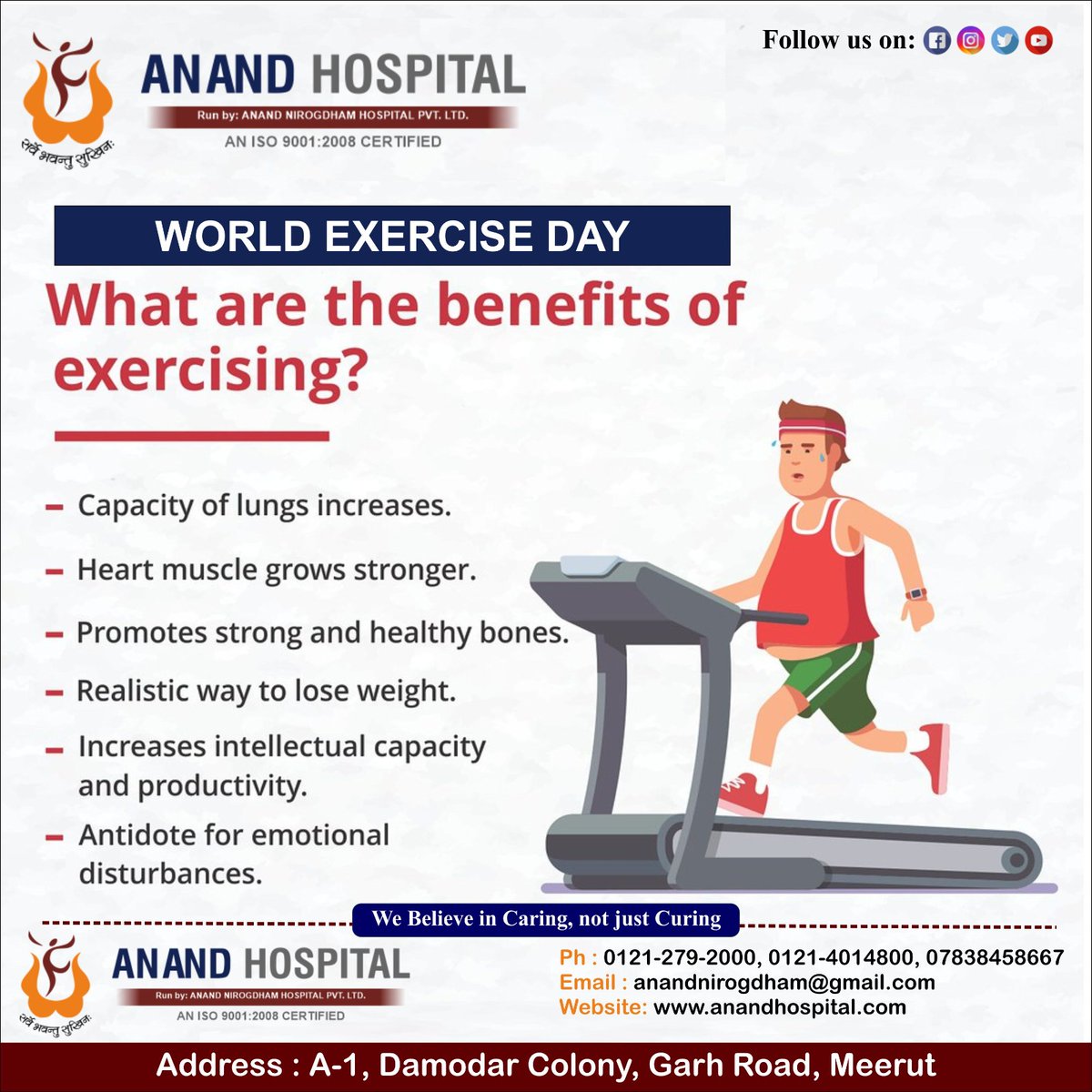 WORLD EXERCISE DAY
What are the benefits of exercising?
👉Capacity of lungs increases.
👉Heart muscle grows stronger.

#doctor #medical #medicine #nurse #health  #surgeon #nursing #medicalstudent #nurses #instagram #care #anandhospital #anandhospitalmeerut #worldexerciseday
