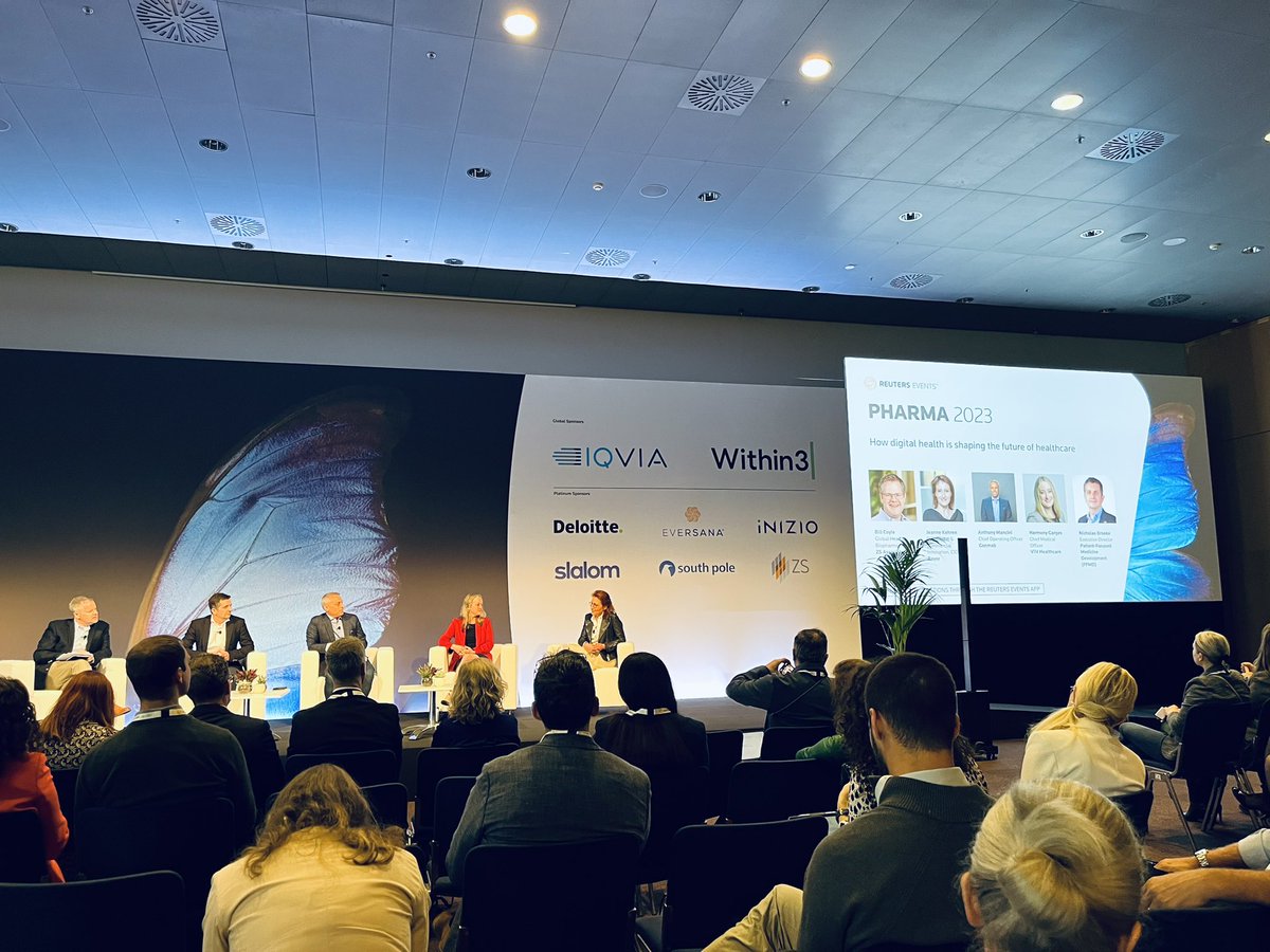 Now, how #digitalhealth is shaping the future of healthcare. A panel at #ReutersPharma23, with Bayer, ViiV Healthcare, Gemma , ZS Associates and PFMD.