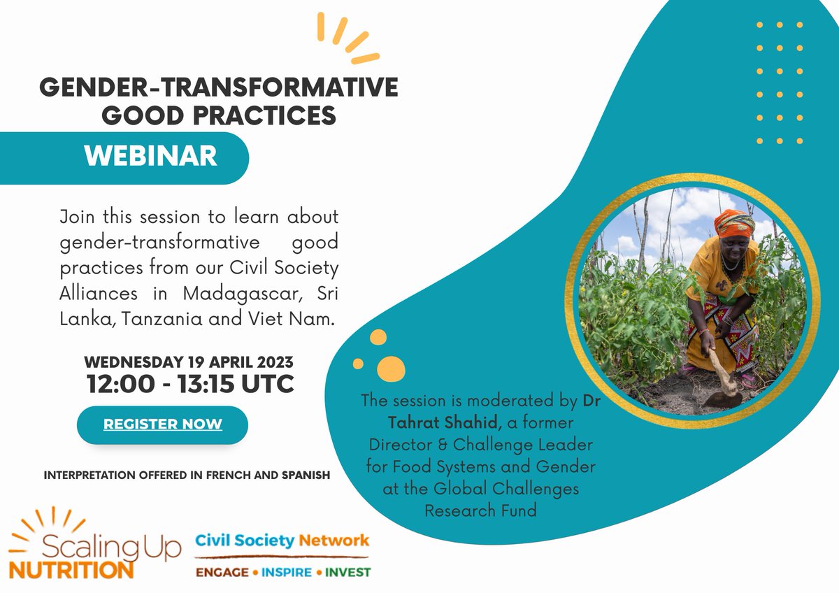 One day to go! ⏰

<a href="/SUNCSN/">SUN Civil Society</a> is inviting you to join their upcoming webinar to hear from Civil Society Alliances in Viet Nam, Sri Lanka, Madagascar and Tanzania on their gender-transformative good practices ♀️ for #nutrition.  

Learn more and register: scalingupnutrition.org/events/webinar…