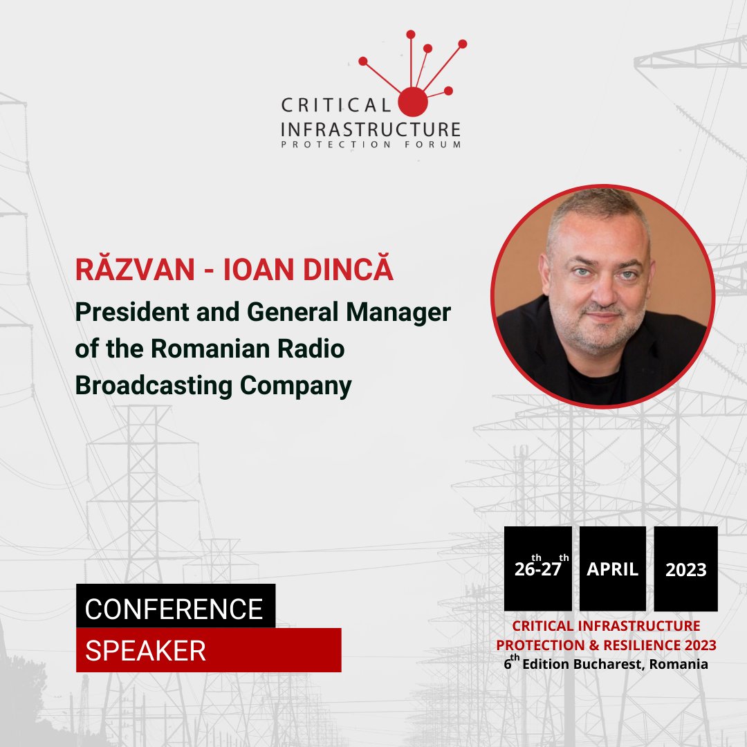 CipForum's tweet image. We have the privilege to announce Mr. @razvanioandinca , President &amp;amp; General Manager of the Romanian Radio Broadcasting Company (@romania_radio ), as a speaker during @CipForum 

Discover more about the event: cip-forum.ro

#CIPForum #CIPForum6 #CriticalInfratructure