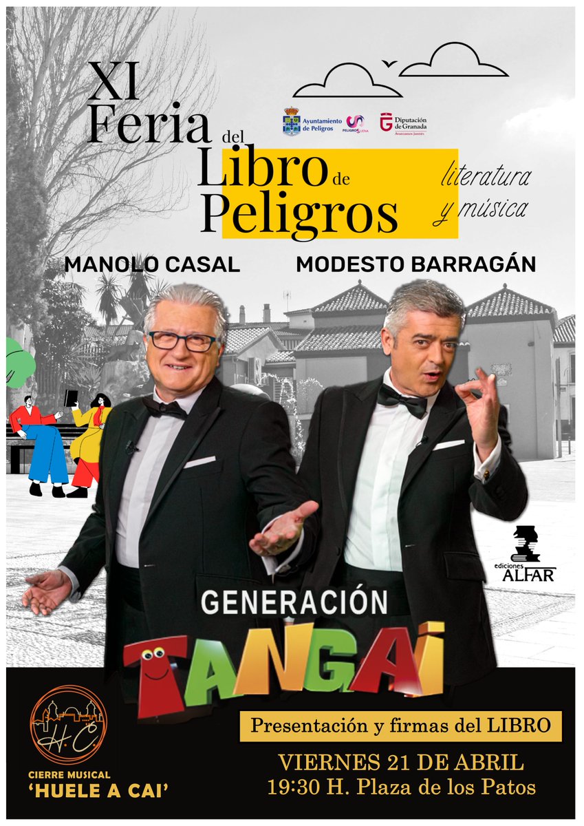 Ediciones Alfar S.A. (@edicionesalfar) on Twitter photo El viernes 21 nuestros amigos <a href="/mjcasal_man/">Manolo Casal</a> y <a href="/ModestoBarragan/">Modesto Barragán</a> llevarán #GeneraciónTangai a la feria del libro de Peligros.
Será a partir de las 19.30 h. en Plaza de los Patos.
No os lo podéis perder!!!
<a href="/PeligrosSuena/">Ayuntamiento de Peligros</a> #PresentaciónDeLibro #carnavaldecadiz #bastinazo El viernes 21 nuestros amigos <a href="/mjcasal_man/">Manolo Casal</a> y <a href="/ModestoBarragan/">Modesto Barragán</a> llevarán #GeneraciónTangai a la feria del libro de Peligros.
Será a partir de las 19.30 h. en Plaza de los Patos.
No os lo podéis perder!!!
<a href="/PeligrosSuena/">Ayuntamiento de Peligros</a> #PresentaciónDeLibro #carnavaldecadiz #bastinazo