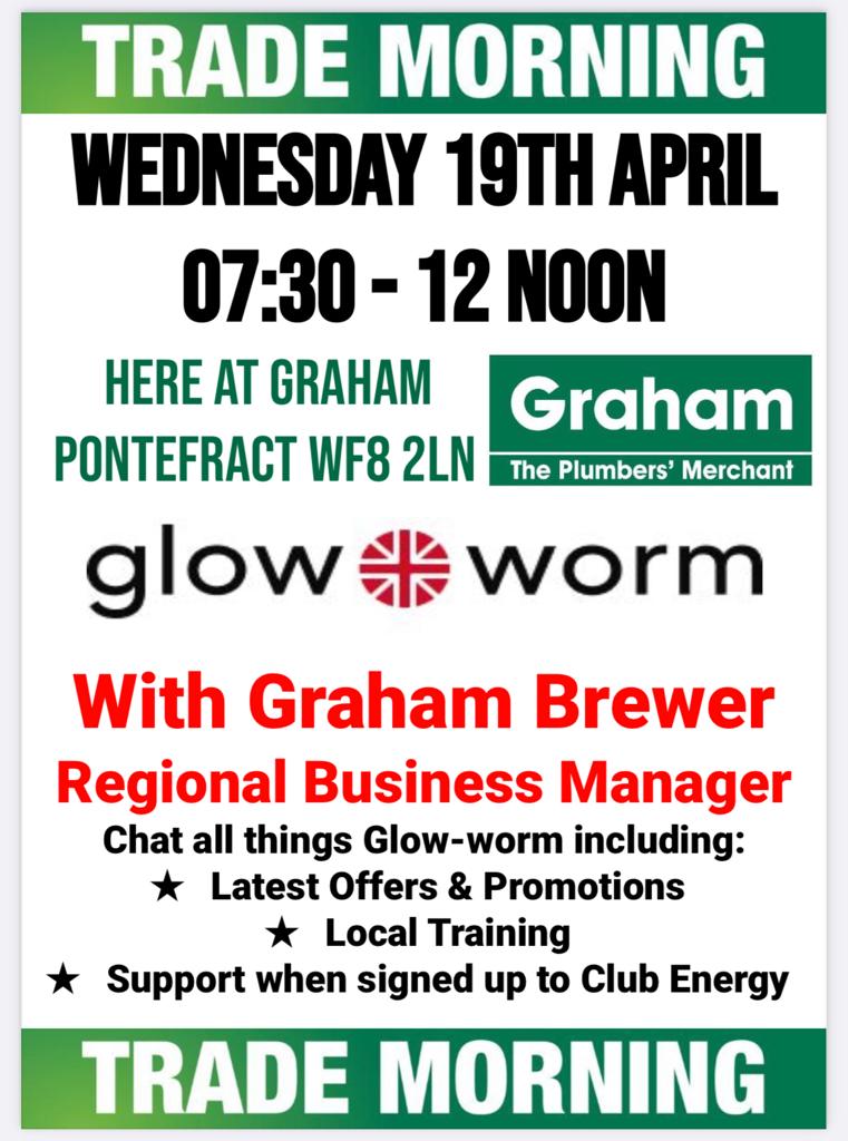 Make sure you catch @GrahamGlowWorm1 & his @glow_wormclub boilers for our latest trade morning here @GrahamPonte161 tomorrow 19th April 2023 from 07:30.   

Come down and see the range and the benefits installing @glow_wormclub boilers gives you.  

#trademorning #pontefract