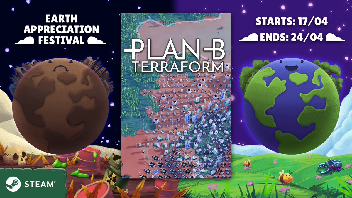 Plan B: Terraform is part of the Earth Appreciation Festival🌍with a -10% discount. 
Terraform an entire planet thanks to a planet-scale simulation of temperature🌡️, full water cycle🌧️🌊and forets🌲.
Oh and there are trains🚅, because trains are cool😎
store.steampowered.com/app/1894430/Pl…