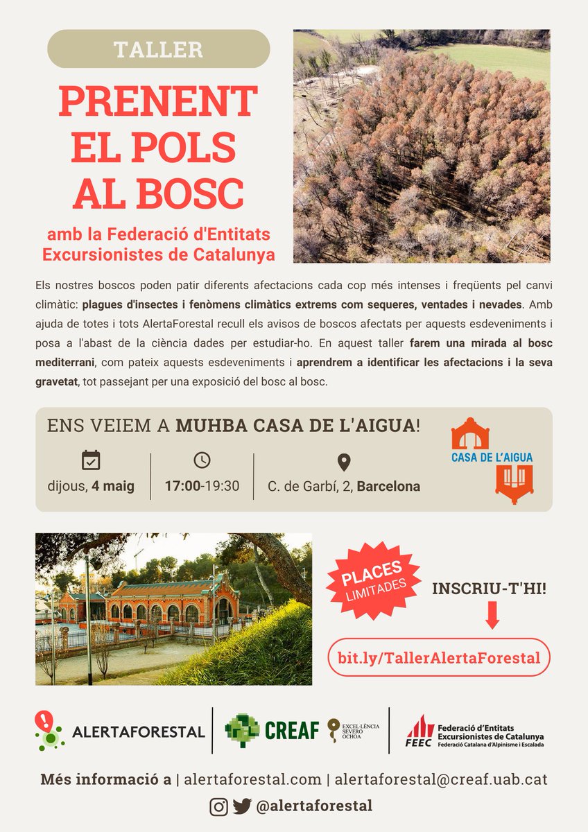AlertaForestal's tweet photo. Oferim un nou taller amb la @FEEC_cat! T'agraden les excursions per la #natura? Aprèn a avaluar l'estat de salut del #bosc amb nosaltres i participa a AlertaForestal 💚 Reserva't la data!
🗓️dijous 4 maig
🕐17h
📍MUHBA Casa de l'aigua, BCN

Inscripcions👇
https://t.co/YoynNFtzow https://t.co/7f1exi4Oqd
