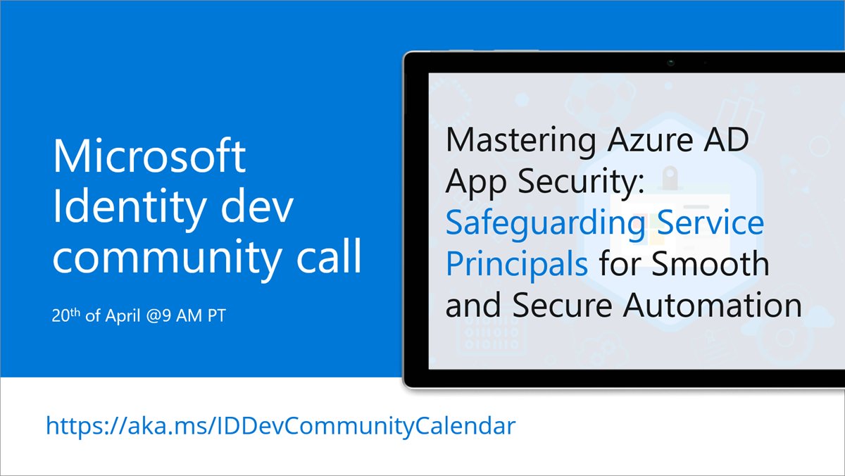 Microsoft365Dev's tweet photo. 📅 Agenda for the #MicrosoftIdentity Monthly Community Call on 20th April 9 AM PT
- Topic - Mastering Azure AD App Security: Safeguarding Service Principals for Smooth and Secure Automation
👋 Join the call → https://t.co/BcUw56smmt #Microsoft365dev #AzureAD https://t.co/rrTJPgeNEd