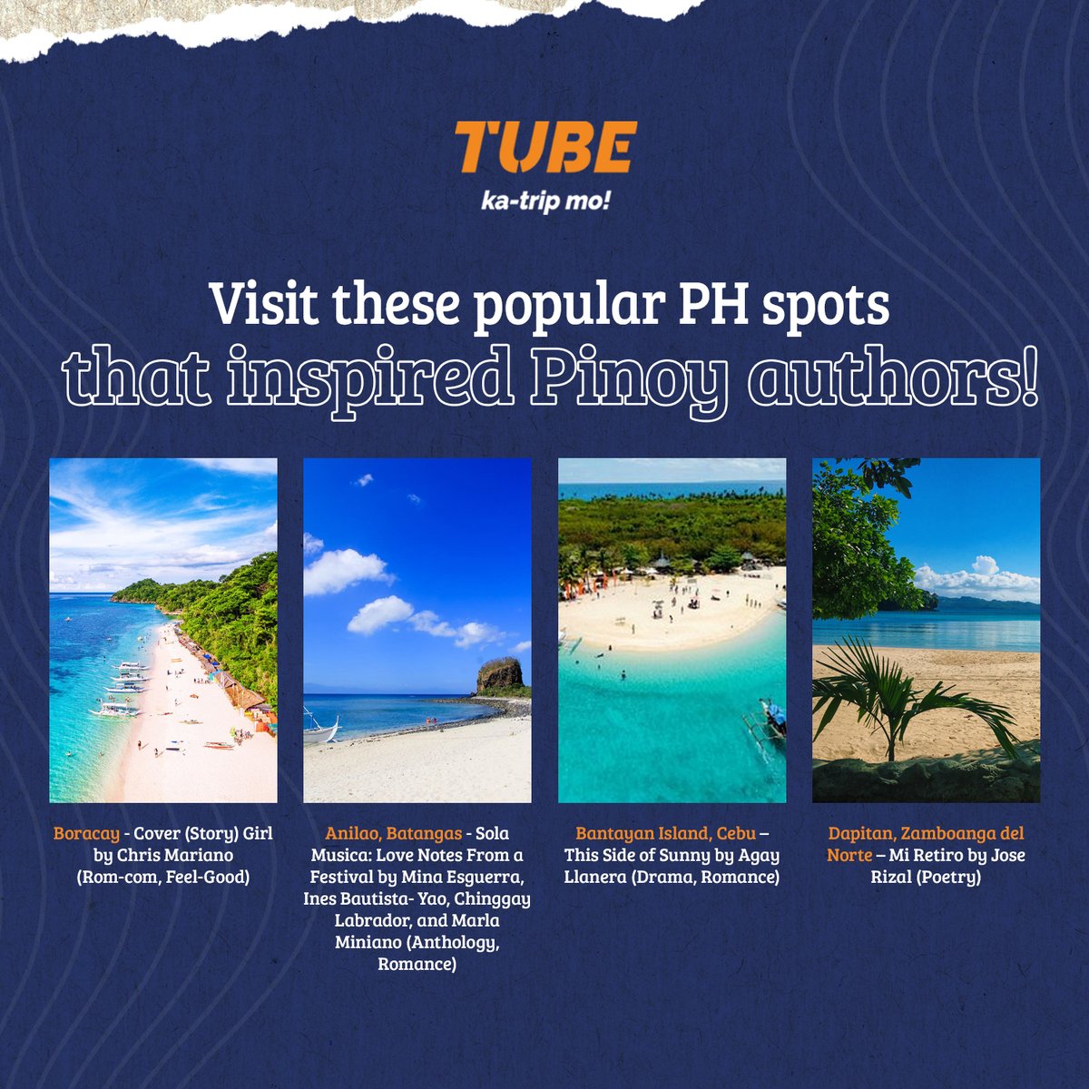 Check out these places in the Philippines that inspired these four, amazing books. 

1. Boracay - Cover (Story) Girl  

2. Anilao, Batangas - Sola Musica: Love Notes From a Festival 

3. Bantayan Island, Cebu – This Side of Sunny 

4. Dapitan, Zamboanga del Norte – Mi Retiro