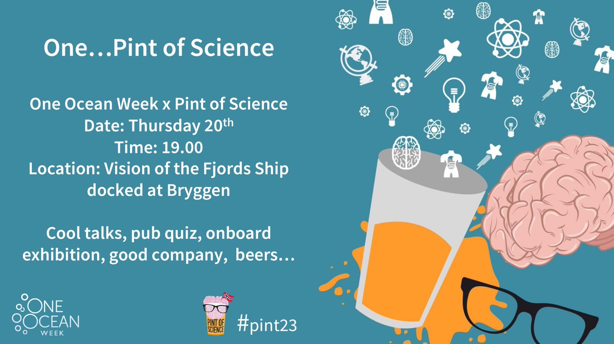 One...Pint of Science: A collaboration to bring you cool ocean #science talks, a pub quiz, an onboard exhibition, good company and cold beers. This Thursday 20th at  19.00 aboard the Vision of Fjords ship! #OneOceanWeek #Bergen #pint23 @pintofscienceNO rb.gy/wqk85