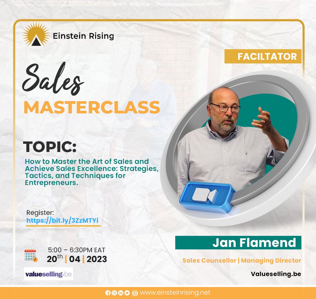 EinsteinRising's tweet image. 📣Attention business owners!👀 

Struggling with sales?😞 Hit a roadblock with revenue growth?🤔 

Fear not!🙌 
Register⏩ ttps://bit.ly/3ZzMTYi to Join us this Thursday at 5pm EAT for a #ValueSelling masterclass with Jan Flamend - a Belgian based #sales counselor.