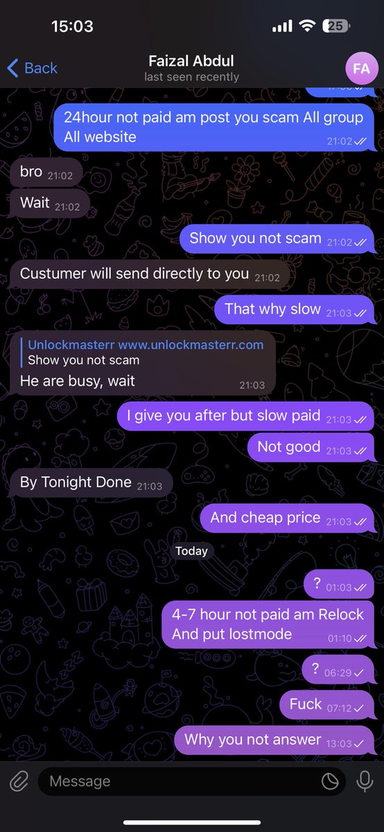 unlockmasterr's tweet photo. New Scammer 

@faizal023  Not paid after done 
All beware him 
Him ark bla bla bla Muslim
Share and Beware https://t.co/0AQK17UdzD