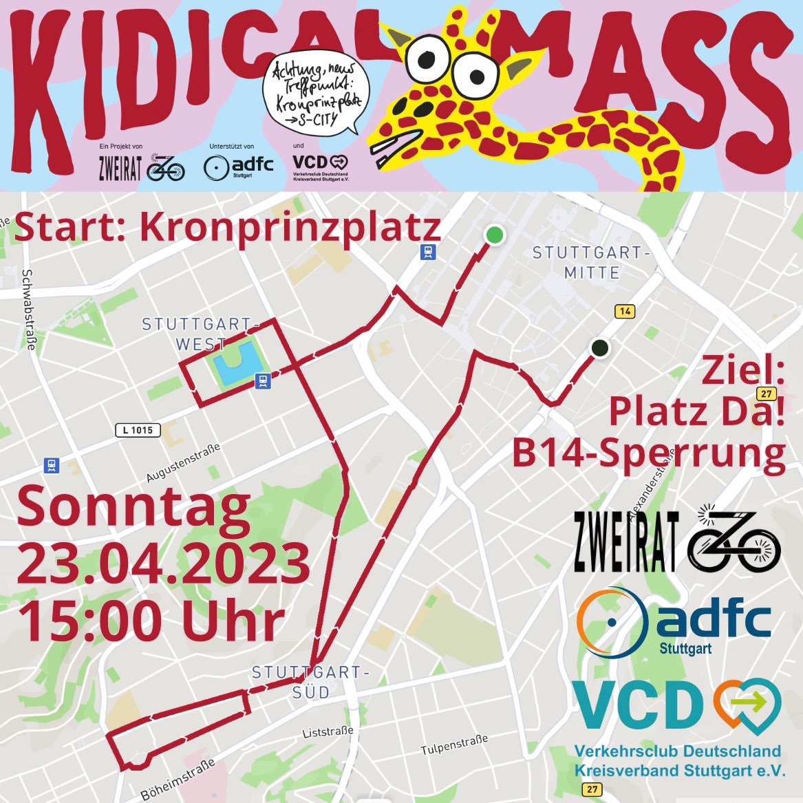 📢 Hier kommt die #KidicalMass Route für Sonntag: Wir treffen uns am Kronprinzplatz 👑, sammeln dann verirrte Mitfahrer am Feuersee 🔥ein, testen die neue Fahrradstraße 🚲 zwischen Schöttleplatz und Marienplatz und fahren dann auf dem Straßenfest vor der Leonhardskirche ein🏁