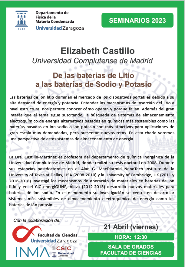INMAdivulga's tweet photo. 📆 Viernes 21 de abril a las 12.30 horas ⏰ en la Sala de Grados de la @Ciencias_Unizar  de la @unizar ➡ Seminario del Departamento de Física de la Materia Condensada - "De las baterías de Litio a las baterías de Sodio y Potasio"
🗣Elizabeth Castillo @ComplutenseDe 
@AragonCsic https://t.co/6kt1fwBmYF
