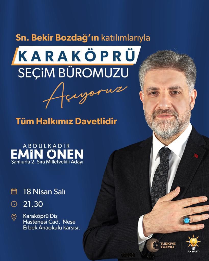 Adalet Bakanımız Sn. <a href="/bybekirbozdag/">Bekir  Bozdağ</a> 'ın katılımıyla seçim büromuzu açıyoruz..

Tarih: 18 Nisan Salı (Bugün) 
Saat: 21:30
Adres: Karaköprü, Diş Hastenesi Caddesi (Neşe Erbek Anaokulu karşısı)