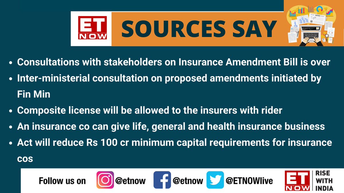 ETNOWlive's tweet image. News Alert | Insurance Amendment Bil: Consultations with stakeholders has been completed, as per sources 

#insurance #InsuranceAmendmentBill @FinMinIndia