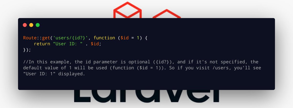 MrPunyapal's tweet image. 🤔 Did you know that you can define default values for route parameters in #Laravel? 🛣️ 

This is a great way to provide fallback values for optional parameters in your web.php or api.php files. 🔥 

#laraveltip
