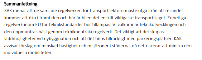 Här har vi <a href="/KAK_Sverige/">KAK</a> synpunkter på <a href="/trafikanalys/">Trafikanalys</a> rapport kring åtgärder som ska leda till transportsektorns klimatomställning.

Bilismen ska öka, får inte begränsas i städer och vi behöver fler parkeringsplatser.

regeringen.se/remisser/2022/…