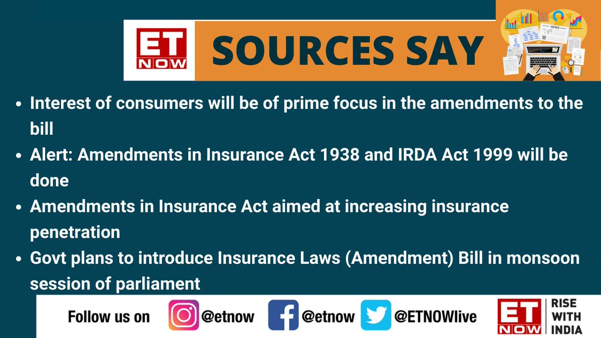 ETNOWlive's tweet image. News Alert | Insurance Amendment Bil: Amendments to be made to Insurance Act 1938 and IRDA Act 1999, as per sources 

#insurance #InsuranceAmendmentBill @FinMinIndia