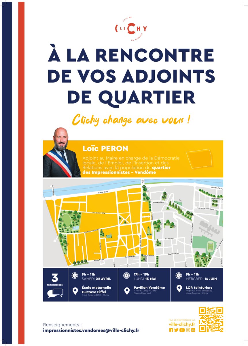 🗓️Vous habitez quartier Impressionnistes / Vendôme à #Clichy et avez des questions ou suggestions ? 
Je vous donne rendez vous à partir de samedi ! 
#democratielocale