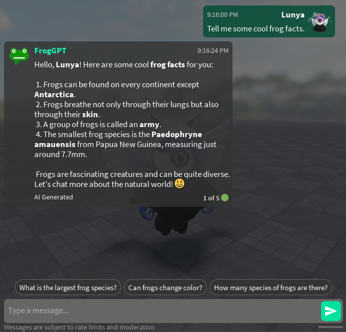 Phalanxia's tweet photo. Why care about "TruthGPT" when you can talk to a frog instead? 🐸

#RobloxDev #Roblox https://t.co/08AjdPh4bp