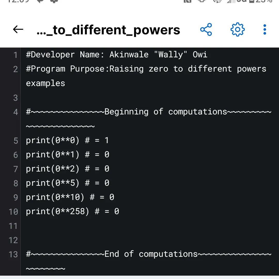 WallyOwi30's tweet image. Python 3: Raising zero to different powers and printing the results
#pythonprogrammer #python3tutors #pcep